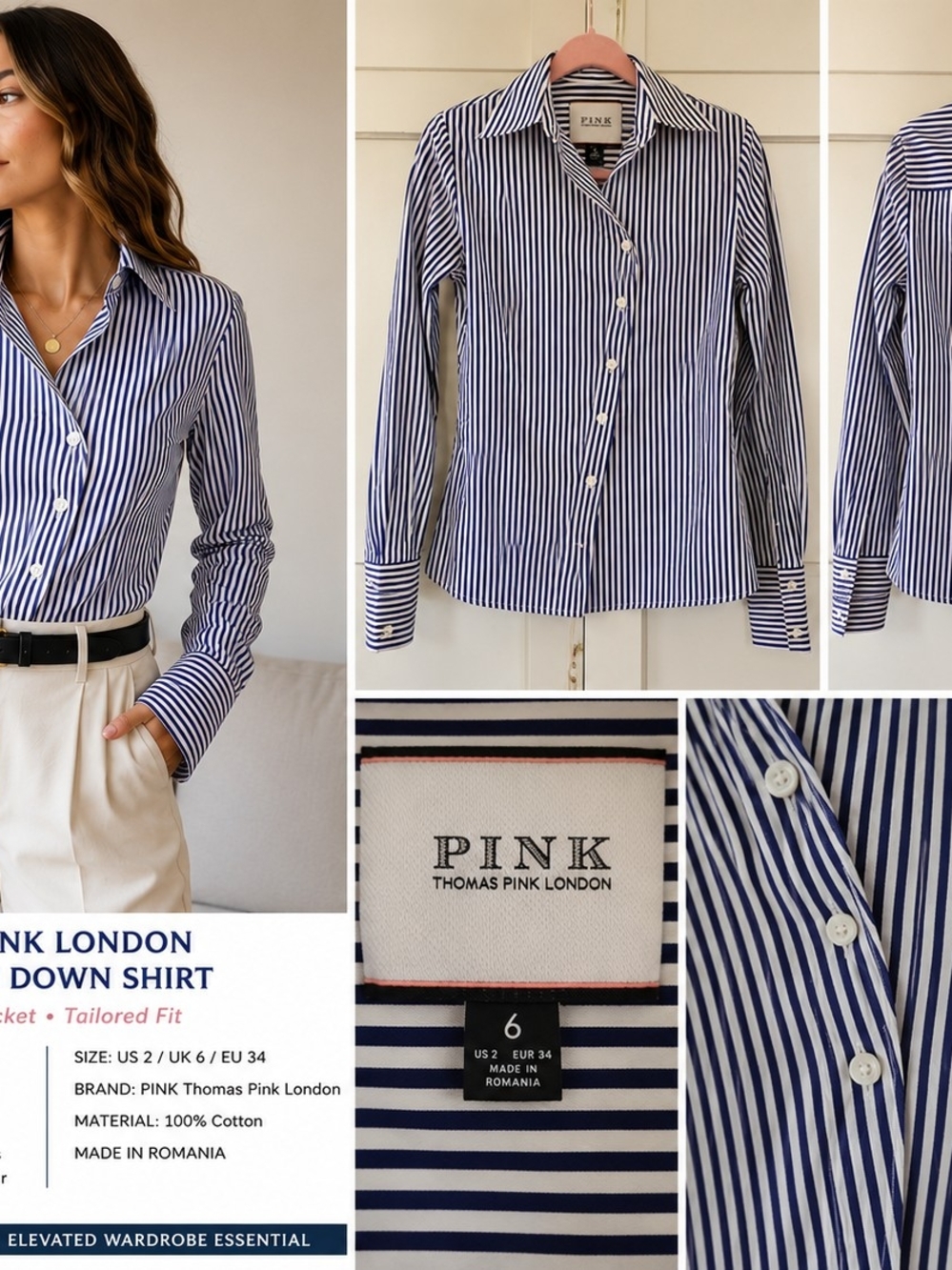 Thomas Pink Navy and White Striped Dress Shirt